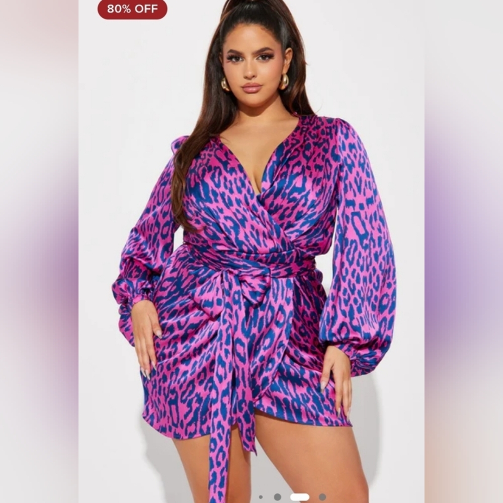 Fashion NOVA Fierce Leopard Satin Mini Dress - Magenta 2X